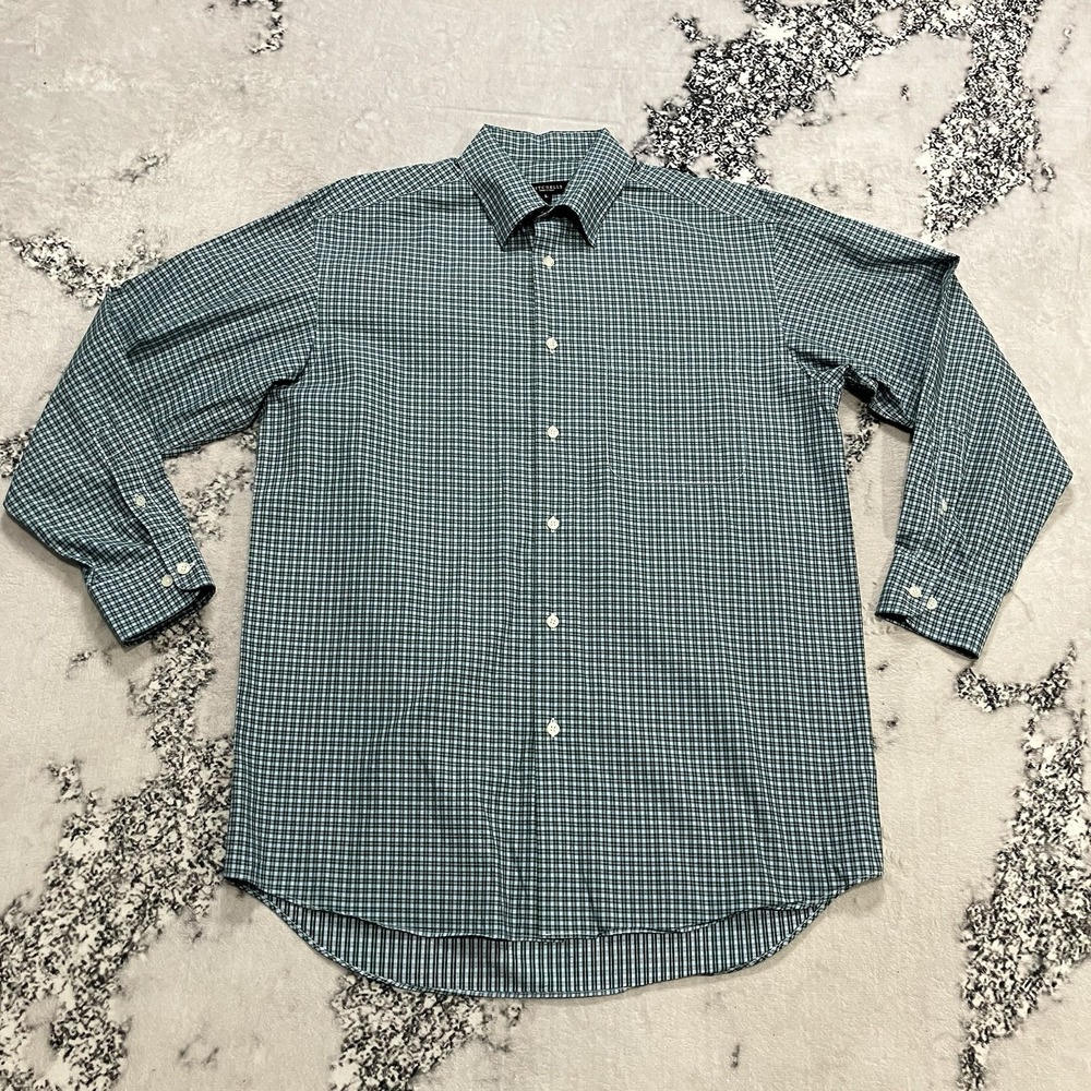 Mitchells Check Dress Shirt Mens Size Large‎ Green Cotton LS Made in Italy